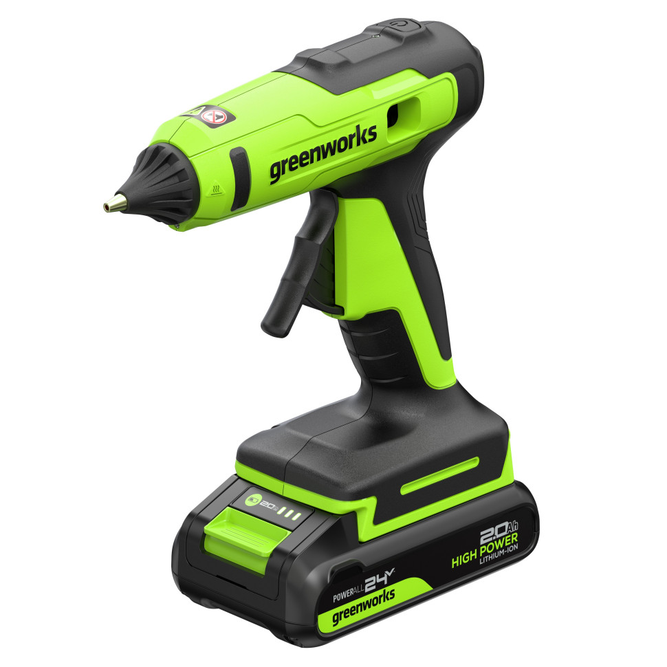 Пистолет клеевой акк. Greenworks G24GLG, 24V, 150°С, нагрев 90 сек, стержни 11 мм, антикапля,1х2Ач,ЗУ,коробка