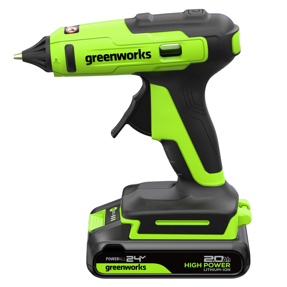 Пистолет клеевой акк. Greenworks G24GLG, 24V, 150°С, нагрев 90 сек, стержни 11 мм, антикапля,1х2Ач,ЗУ,коробка