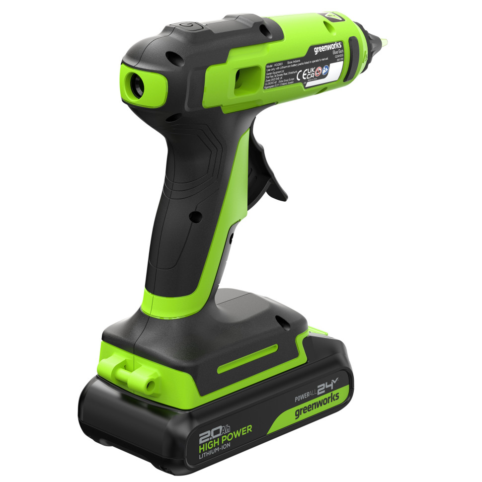 Пистолет клеевой акк. Greenworks G24GLG, 24V, 150°С, нагрев 90 сек, стержни 11 мм, антикапля,1х2Ач,ЗУ,коробка