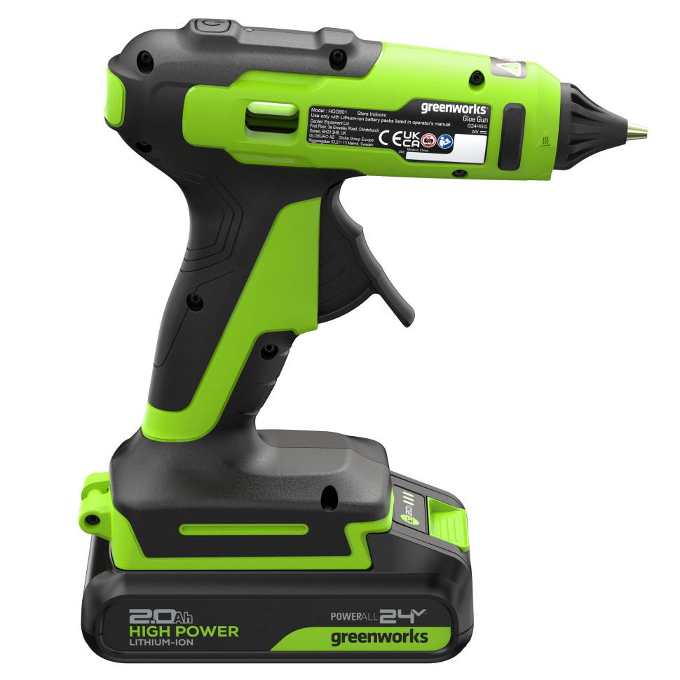 Пистолет клеевой акк. Greenworks G24GLG, 24V, 150°С, нагрев 90 сек, стержни 11 мм, антикапля,1х2Ач,ЗУ,коробка