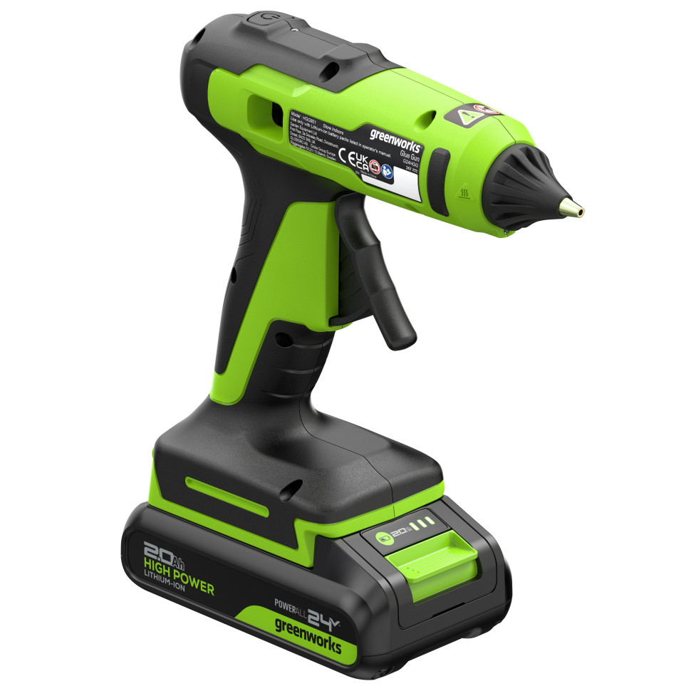 Пистолет клеевой акк. Greenworks G24GLG, 24V, 150°С, нагрев 90 сек, стержни 11 мм, антикапля,1х2Ач,ЗУ,коробка