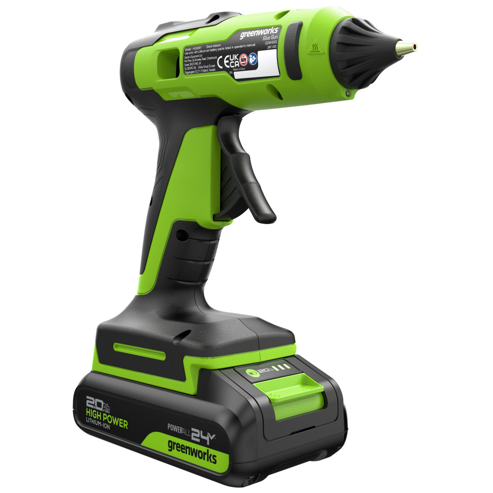 Пистолет клеевой акк. Greenworks G24GLG, 24V, 150°С, нагрев 90 сек, стержни 11 мм, антикапля,1х2Ач,ЗУ,коробка