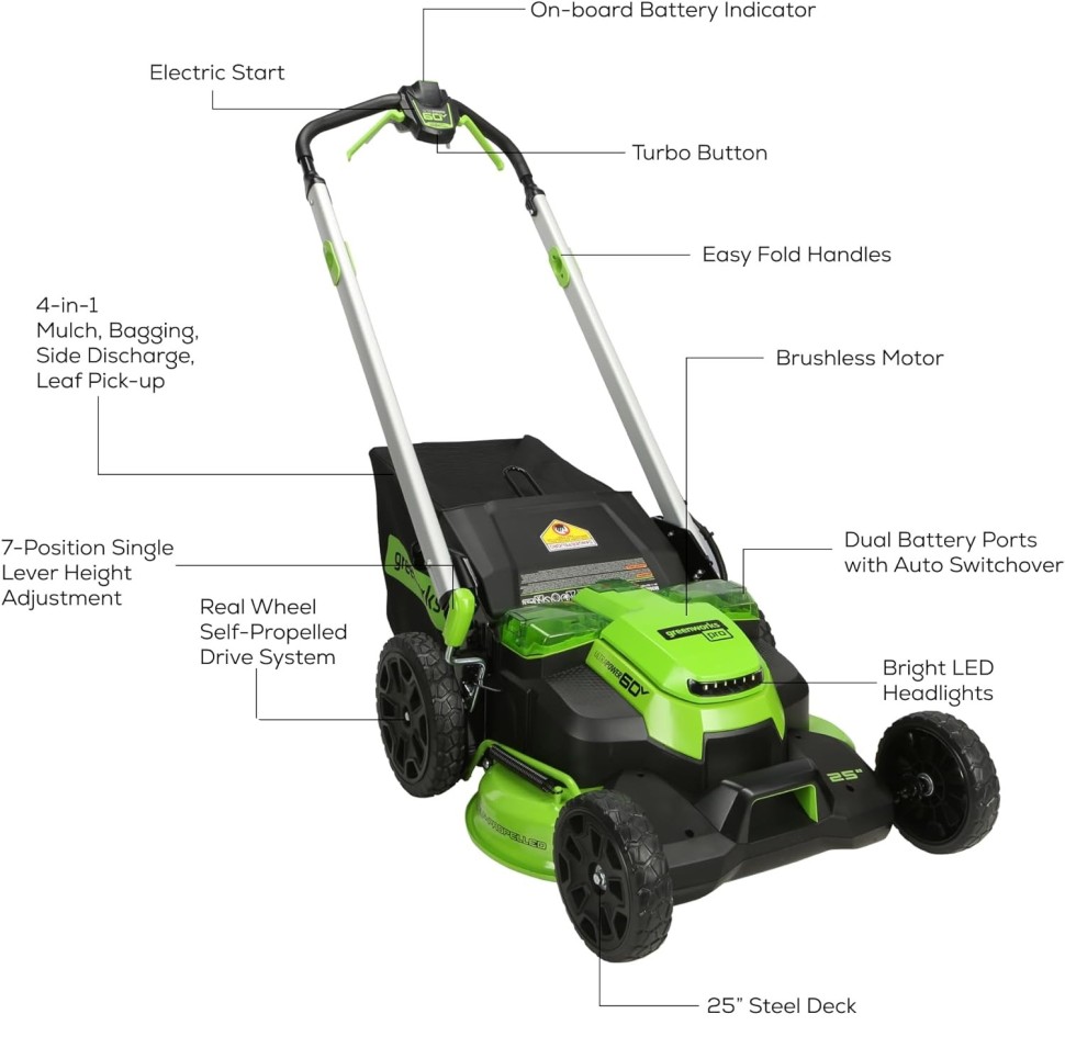 Газонокосилка Greenworks GD60LM61k4 Twin Force, 60v, 61 см, в комплекте с АКБ 4 А·ч и ЗУ (аккумуляторная, самоходная)